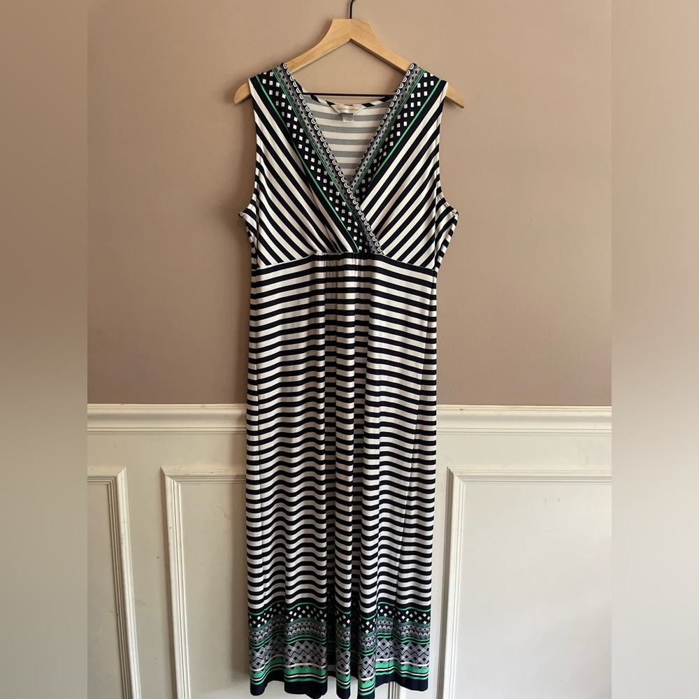 Christopher & Banks Sleeveless Blue Green White Stripe Maxi Dress Stretchy Large